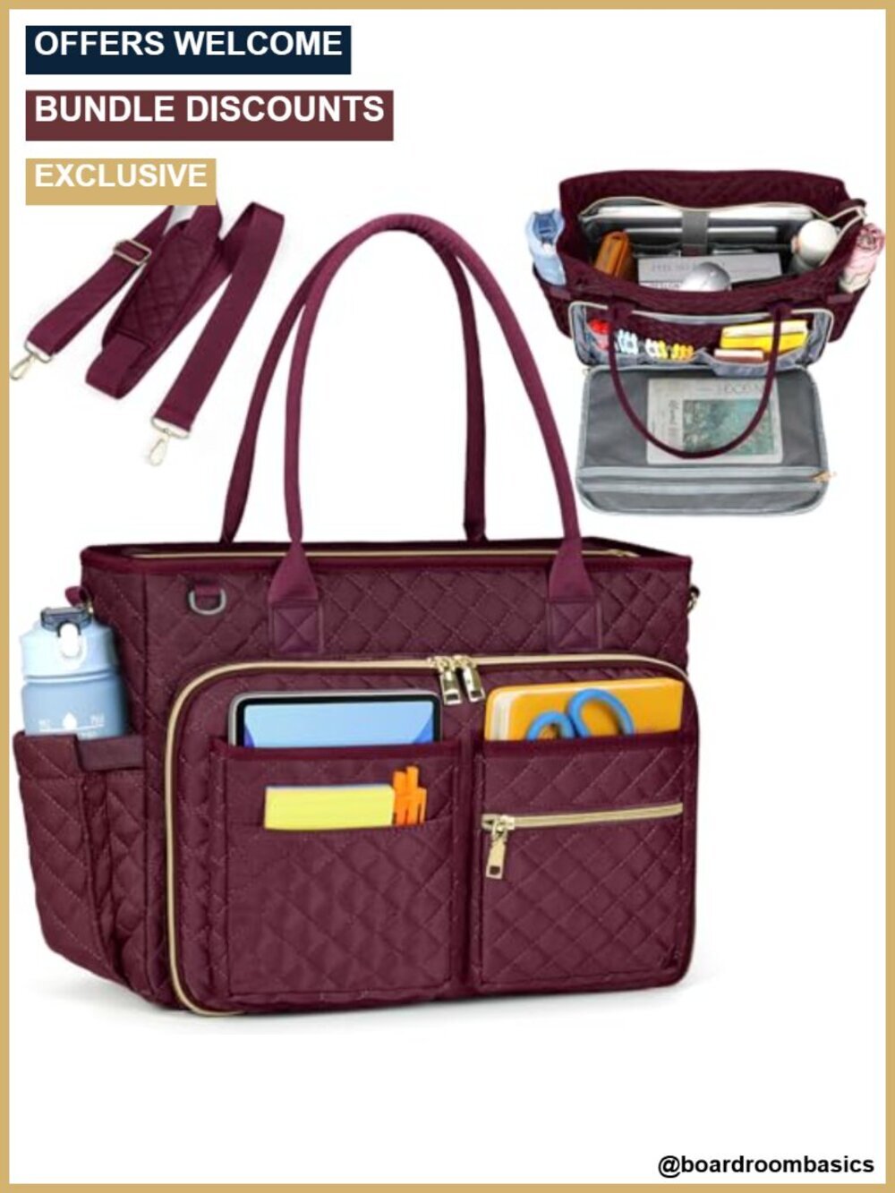 Large Capacity 15.6 inch Laptop Tote Bag with Insulated Pockets, Polyester Work